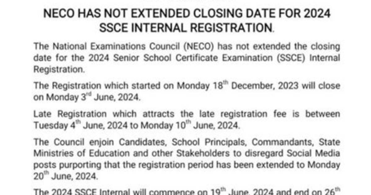Neco Registration Closing Date 2024 Revealed