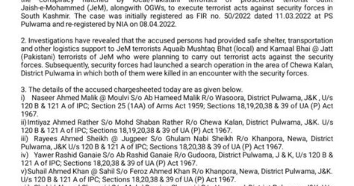 Nia Files Charge Sheet Against 8 Accused in Pulwama Jem Conspiracy Case